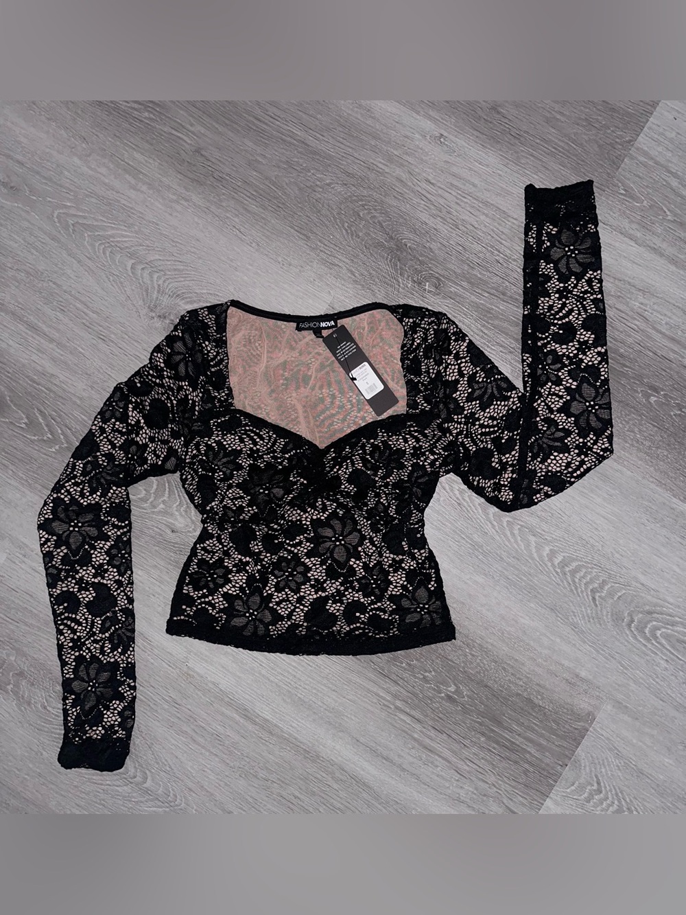 Fashion Nova Black Floral Lace Long Sleeve Sweetheart Top